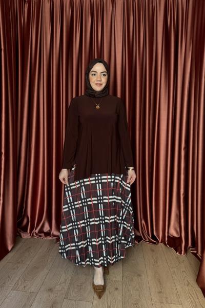 BURBERY DESENLİ ETEK TAKIM Acı Kahve