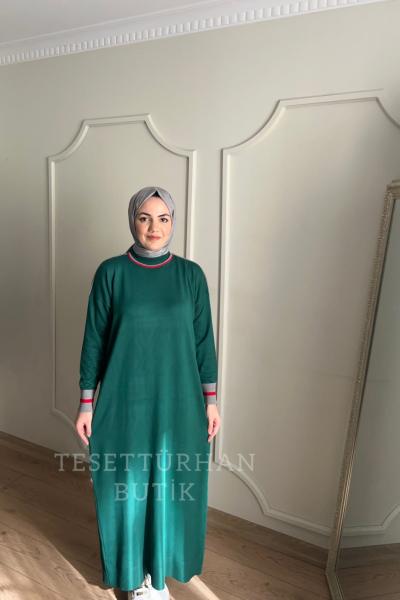 ÇİFT ŞERİT DETAYLI ELBİSE Zümrüt