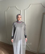 ÇİFT ŞERİT DETAYLI ELBİSE Gri