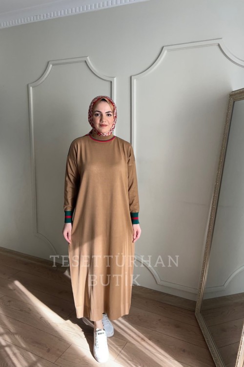 ÇİFT ŞERİT DETAYLI ELBİSE Camel