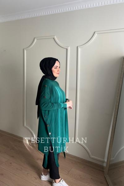 Düğme Detaylı Tunik Zümrüt