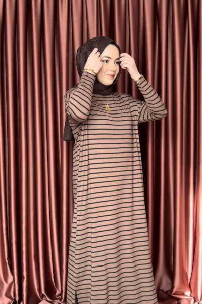 KAMPANYALI ÇİZGİLİ ELBİSE Kahverengi