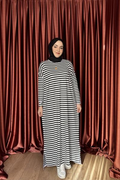 KAMPANYALI ÇİZGİLİ ELBİSE Siyah Beyaz