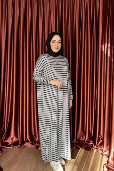 KAMPANYALI ÇİZGİLİ ELBİSE Gri