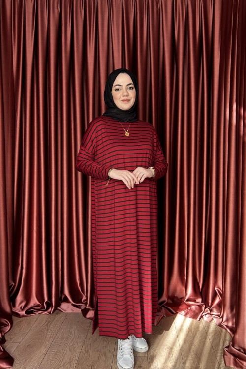 KAMPANYALI ÇİZGİLİ ELBİSE Kırmızı