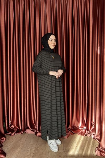 KAMPANYALI ÇİZGİLİ ELBİSE Haki