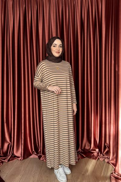 KAMPANYALI ÇİZGİLİ ELBİSE Camel