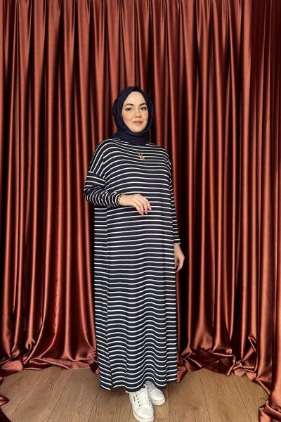 KAMPANYALI ÇİZGİLİ ELBİSE Lacivert