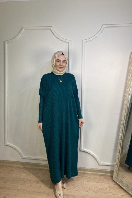 ÖRGÜ DESEN TRİKO ELBİSE Zümrüt