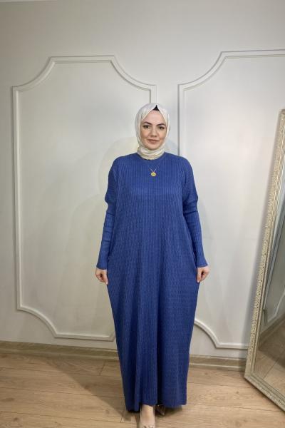 ÖRGÜ DESEN TRİKO ELBİSE Mavi