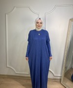 ÖRGÜ DESEN TRİKO ELBİSE Mavi