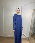 ÖRGÜ DESEN TRİKO ELBİSE Mavi
