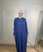 ÖRGÜ DESEN TRİKO ELBİSE Mavi