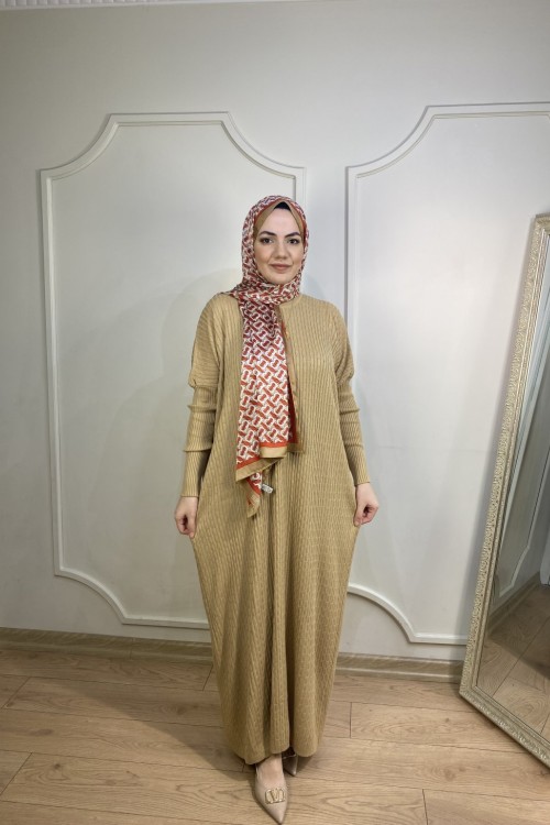 ÖRGÜ DESEN TRİKO ELBİSE Camel