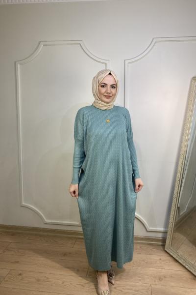 ÖRGÜ DESEN TRİKO ELBİSE Mint Yeşili