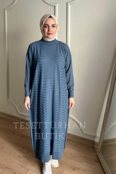 SAHRA MERSERİZE ELBİSE Mavi